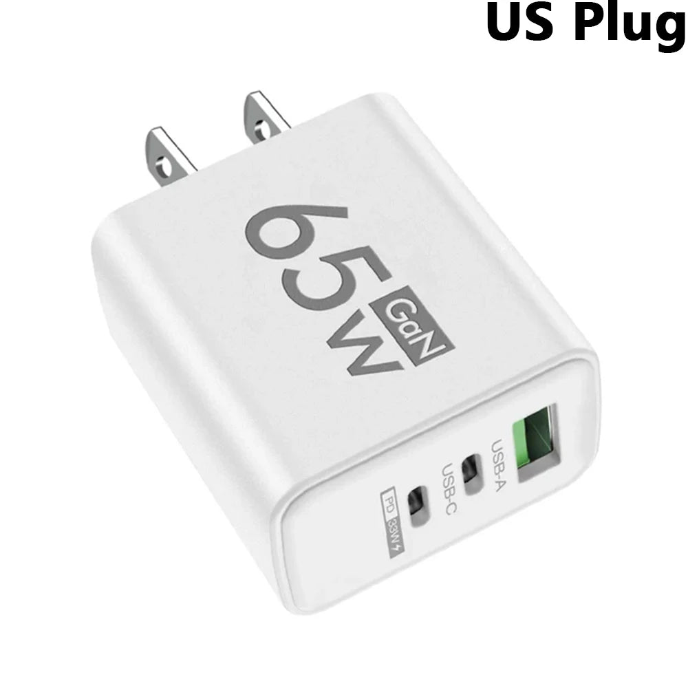 65W GaN 3-Port USB-C PD Fast Charger | EU US KR Plug GaN USB-C Charger QXL White US Plug