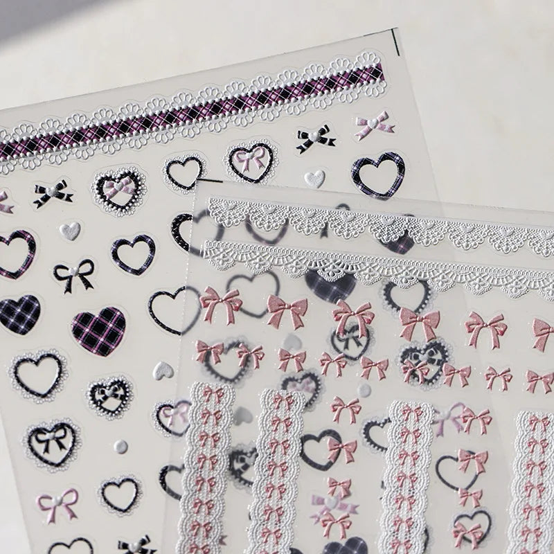 3D Kawaii Nail Stickers – Pink Bowknot & Black Lace Decals Nail Art Stickers QXL