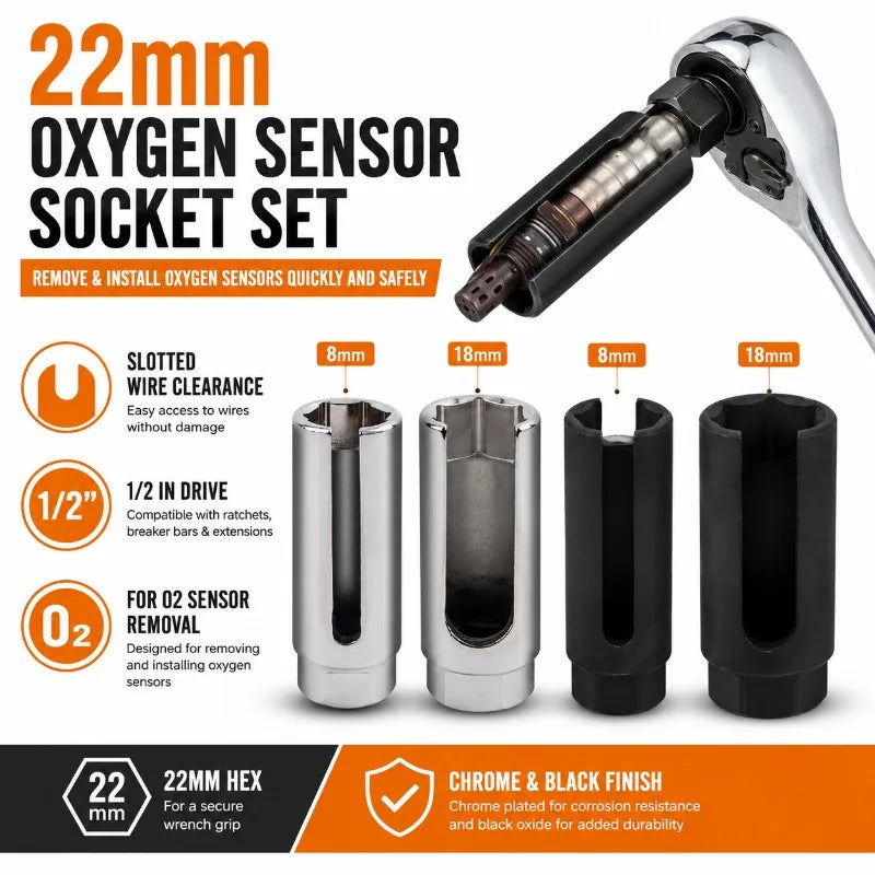 22mm O2 Sensor Socket 1/2" Drive Slotted CR-V Steel Removal Tool Sensor Removal Socket QXL