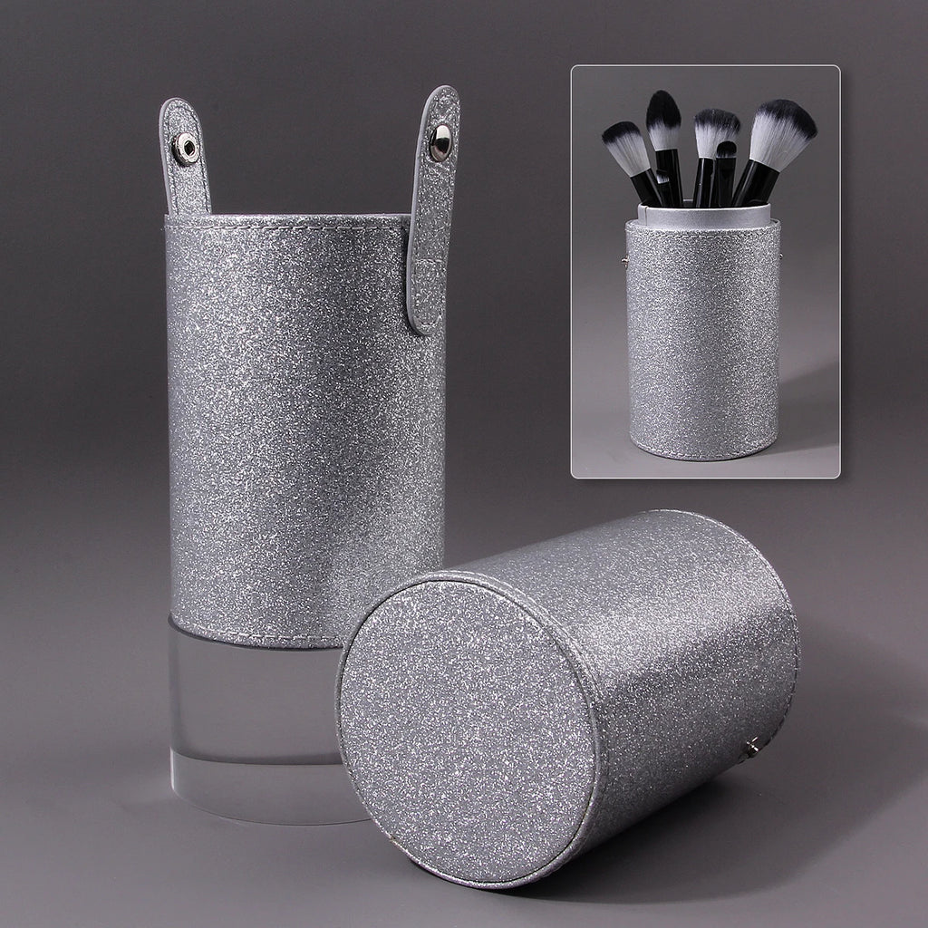 Glitter Silver Makeup Brush Holder | Portable Cylinder Case Makeup Brush Holder QXL