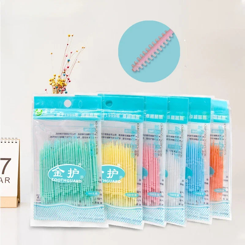 100-Pack Double-Head Interdental Floss Pick & Toothpick Brush Interdental Floss Pick QXL