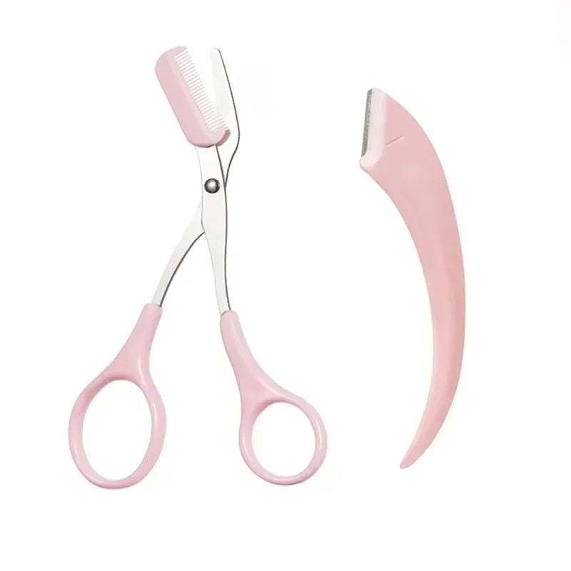 2-Pc Crescent Moon Eyebrow Trimmer & Scissors Set with Comb Eyebrow Trimmer Set QXL 2Pcs Pink Set