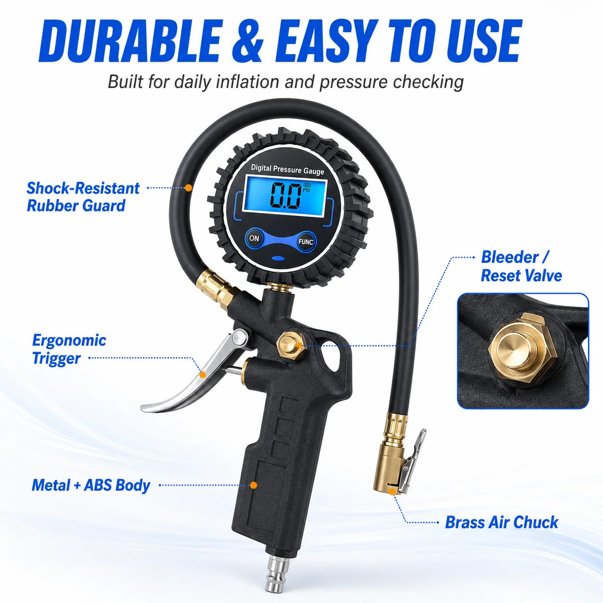Digital Tire Inflator Pressure Gauge | 3-in-1 Metal & ABS Tire Inflator Gauge QXL