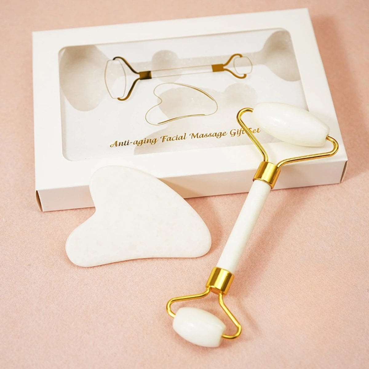 White Jade Roller & Gua Sha Set | Natural Facial Massager Jade Facial Roller Set QXL