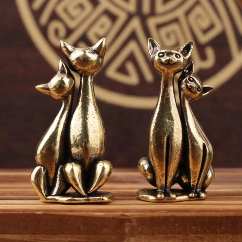 Brass Double Cat Sculpture Ornament | Desk & Home Decor Decorative Figurine QXL