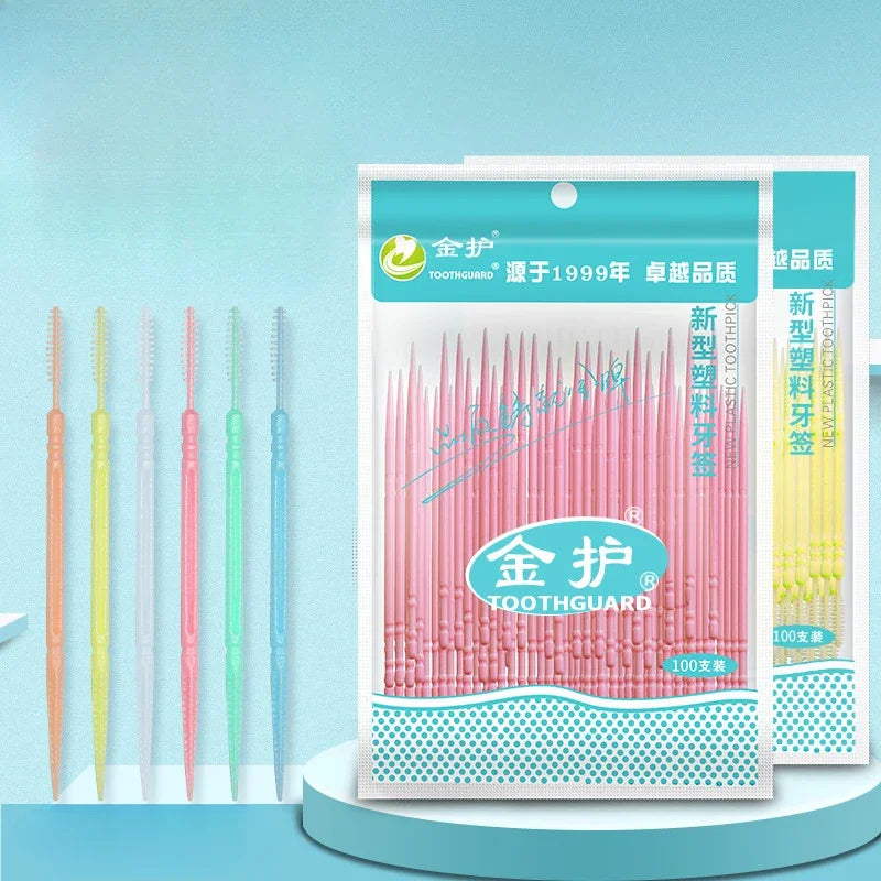 100-Pack Double-Head Interdental Floss Pick & Toothpick Brush Interdental Floss Pick QXL Default Title