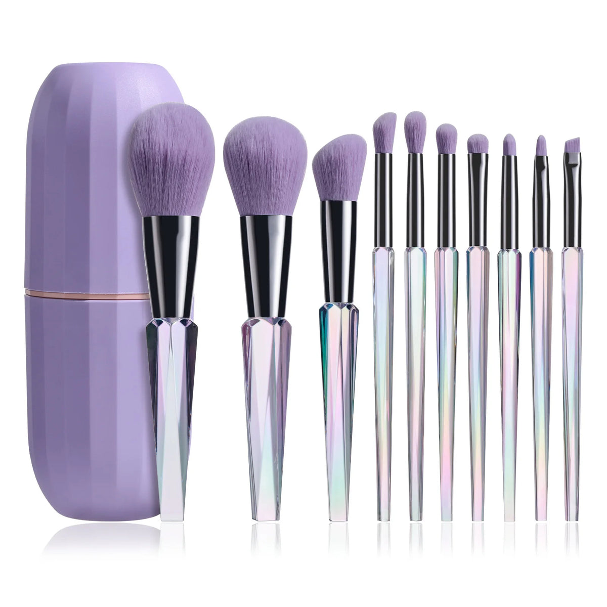 10-Pc Crystal Handle Makeup Brush Set | Purple PVC Bucket Makeup Brush Set QXL 10 transparent micro