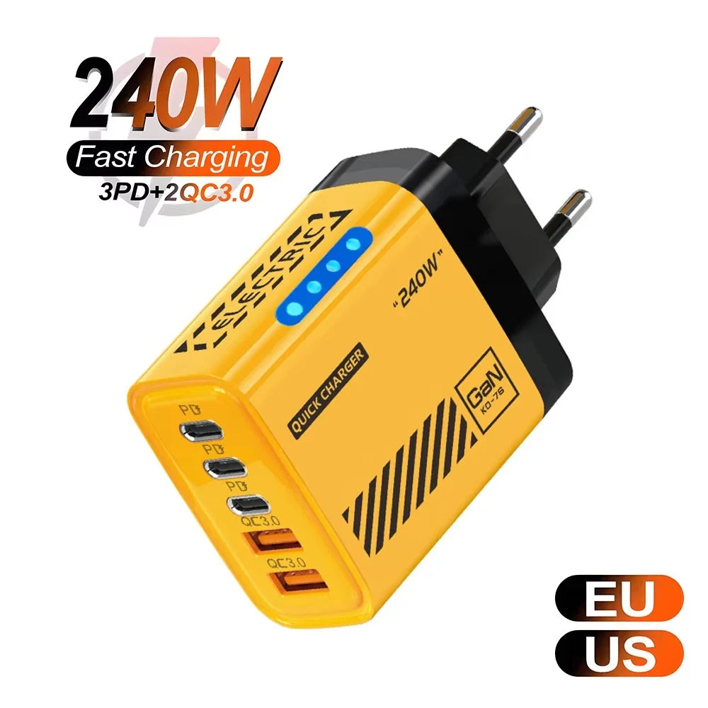 240W GaN 5-Port Fast Charger | 3 USB-C PD + 2 USB-A GaN Charging Station QXL
