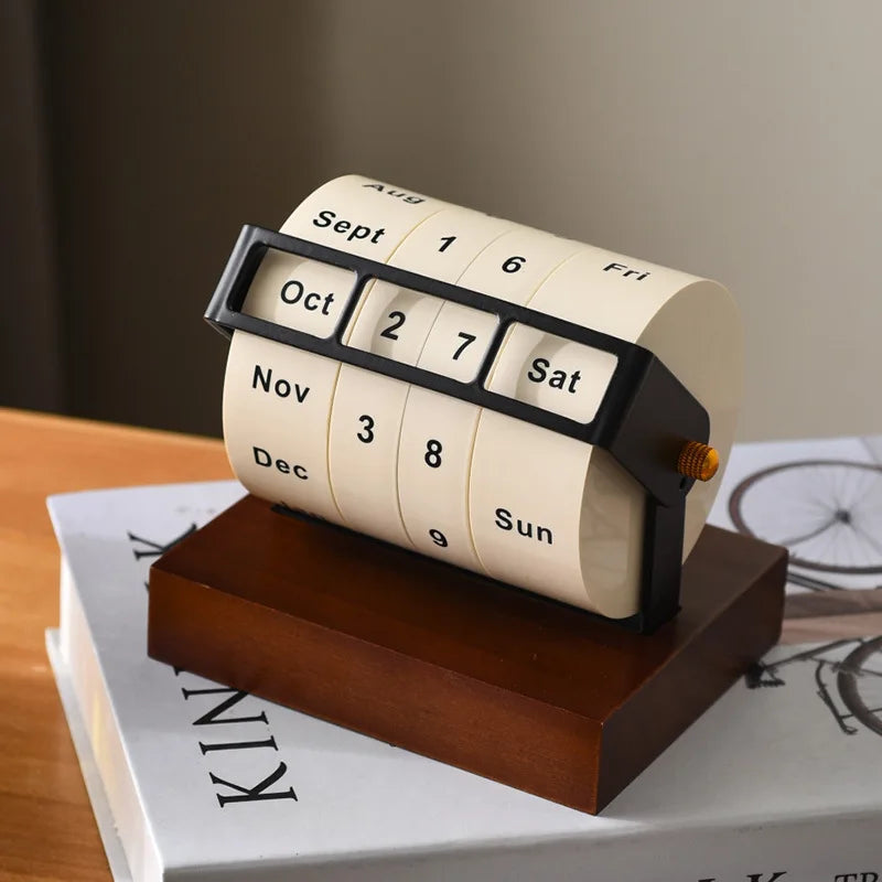 Wheel Perpetual Calendar | Manual Rotating Desk Calendar Wood Base Perpetual Desk Calendar QXL WHITE