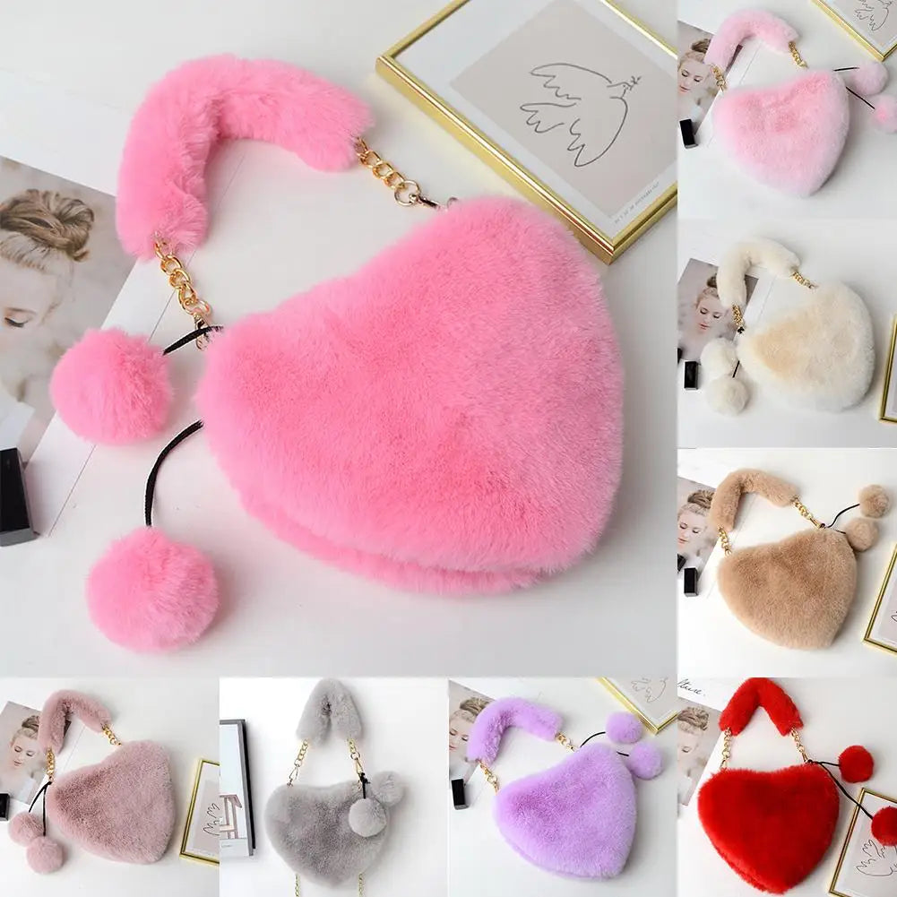 Plush Heart Shaped Shoulder Bag | Faux Fur Women's Clutch Purse Plush Shoulder Bag QXL