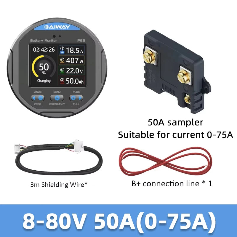 TR24 IP68 Waterproof Battery Capacity Tester | Coulomb Meter LCD Battery Capacity Tester QXL 50A(0-75A)