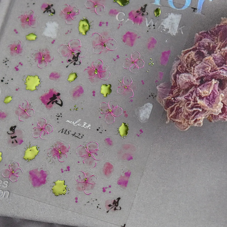 5D Lotus Flower Nail Stickers | Pink Ink Wash Floral Decals Nail Art Stickers QXL