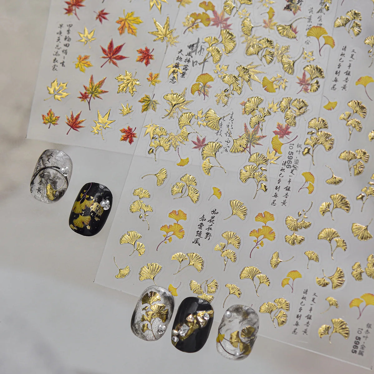 5D Ginkgo Leaf Nail Stickers | Gold Silver Hot Stamping Decals Nail Art Stickers QXL