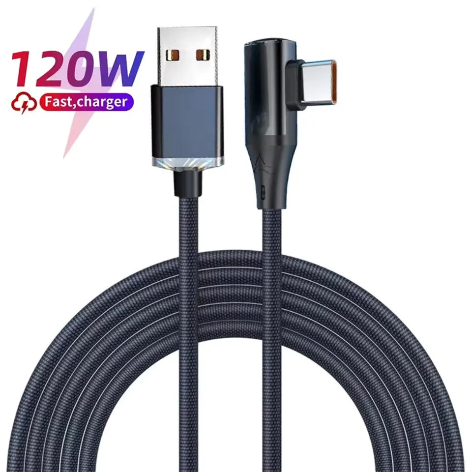 90° USB-C Cable 120W Fast Charging – Braided Nylon 6A USB-C Charging Cable QXL