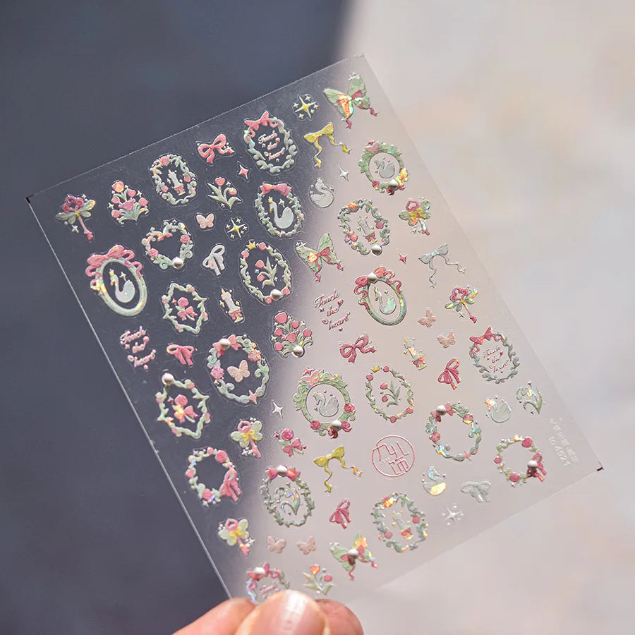5D Gradient Flower Petal Nail Stickers | Rose & Leaf Decals Nail Art Stickers QXL