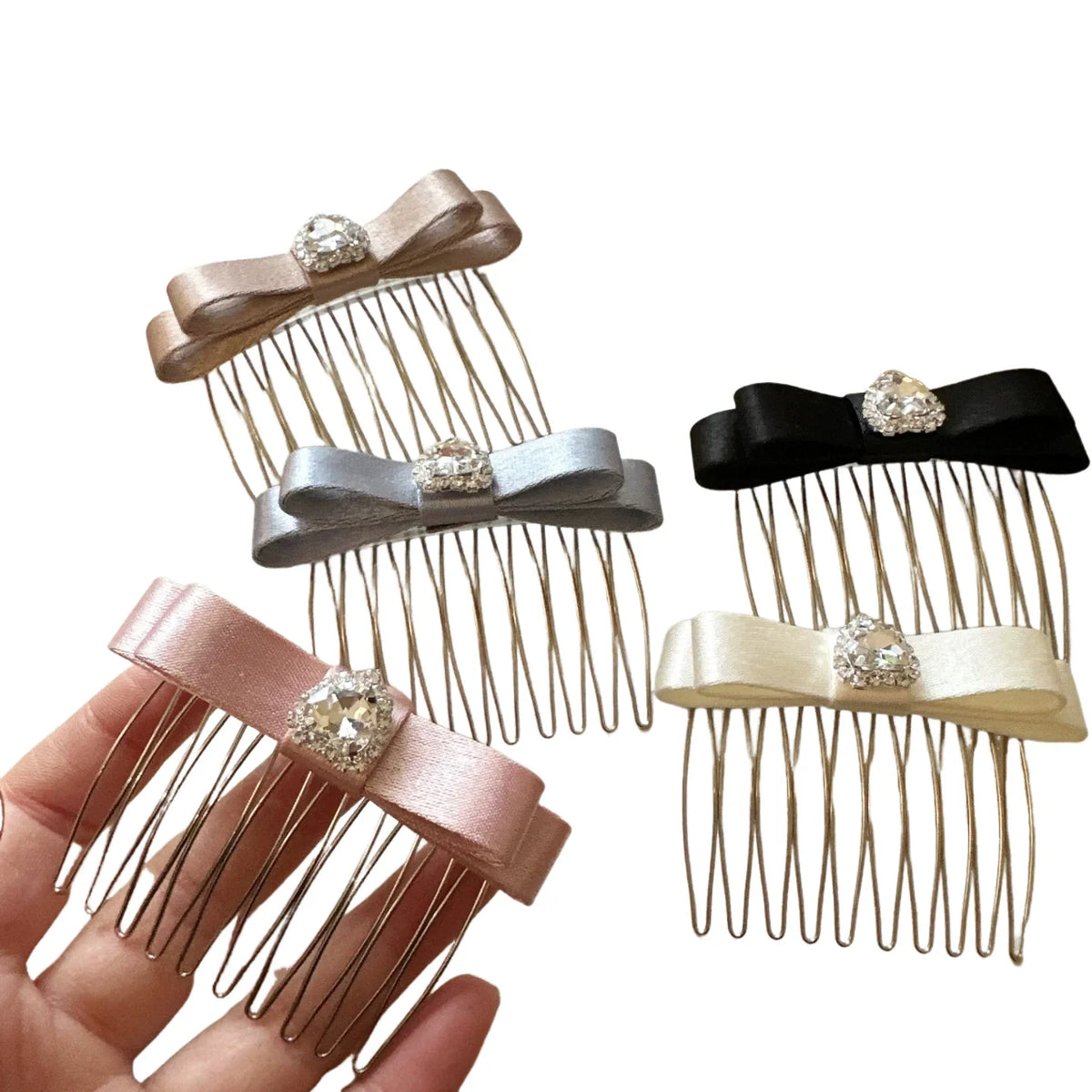 Rhinestone Heart Satin Bow Hair Comb | Crown Volume Style Decorative Hair Comb QXL