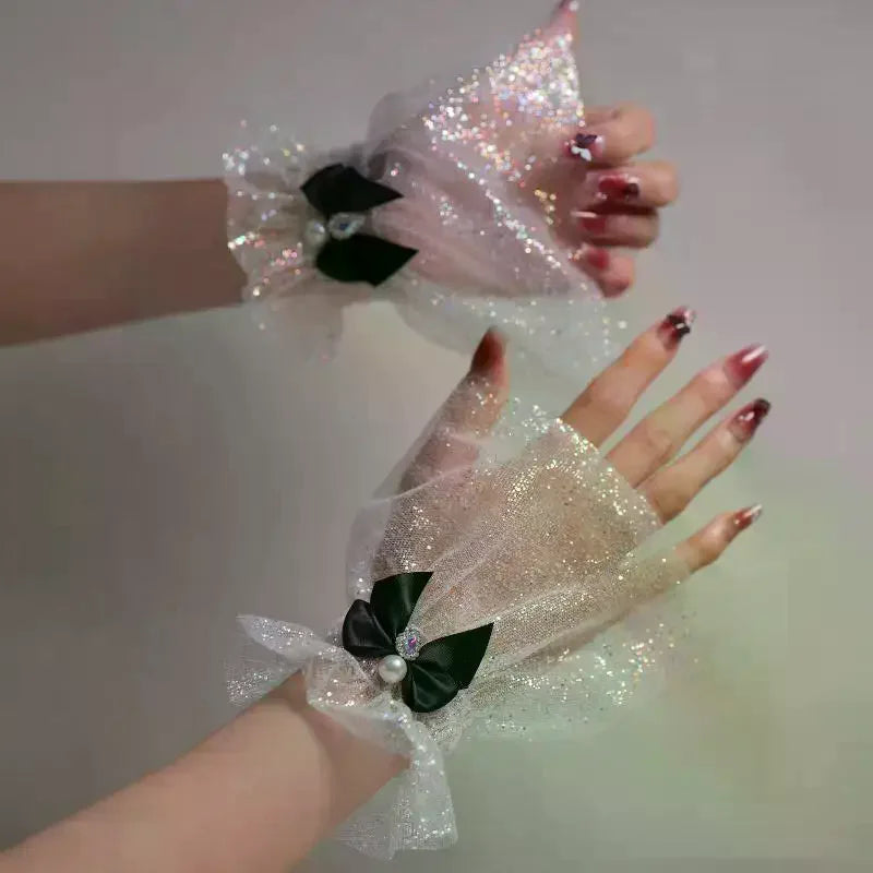 Nail Art Photo Fake Sleeves – Bow Tulle Wrist Cuffs for Nail Pics Nail Photo Prop QXL