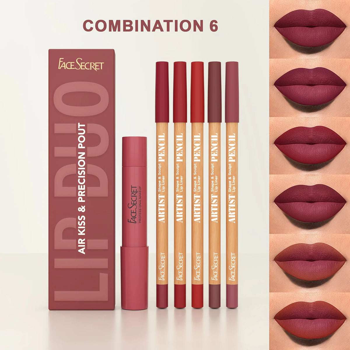 FACESECRET 6-Pc Matte Lipstick & Lip Liner Set | Waterproof Lipstick & Lip Liner Set QXL SET6