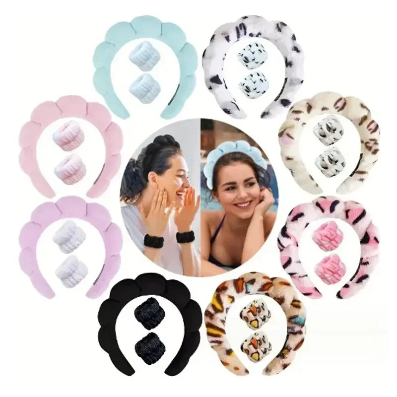 3-Pc Puffy Sponge Headband & Wristband Set for Face Washing Spa Headband Set QXL