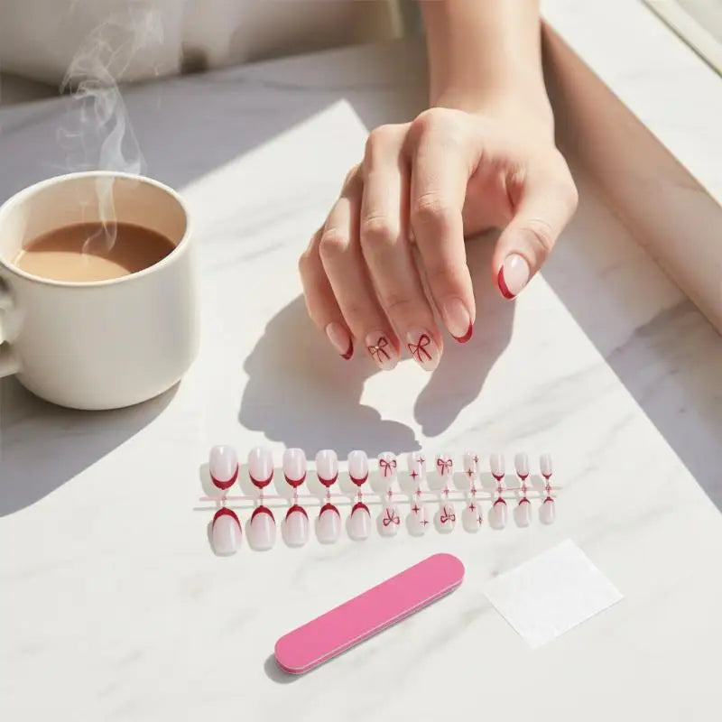 24-Pc Almond Press-On Nails | Pink Bowknot French Tip Press-On Nail Set QXL