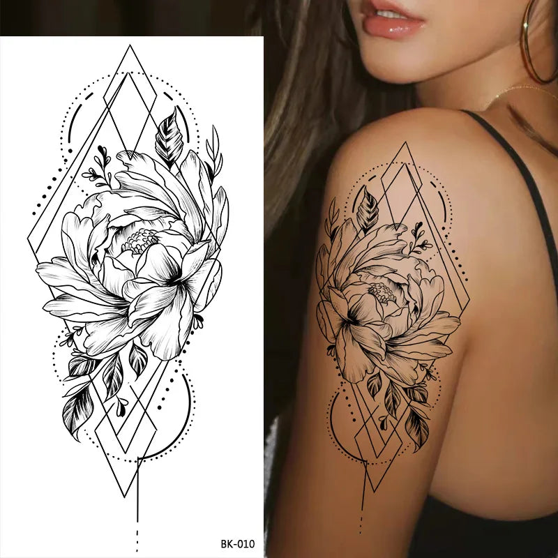Large Black Floral Temporary Tattoo | Rose & Peony Water Transfer Temporary Tattoo Sticker QXL