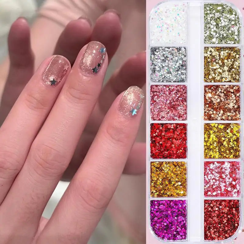 12-Grid Nail Glitter Set | Star & Heart Sequins for Nail Art Nail Art Glitter QXL