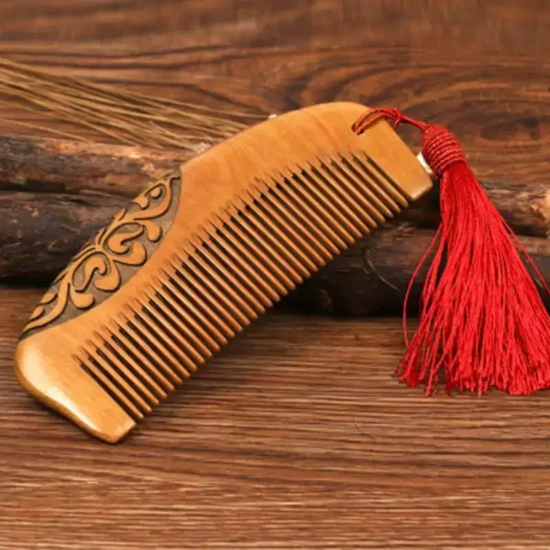 Carved Peach Wood Anti-Static Hair Comb | Gift Idea Wooden Hair Comb QXL chrysanthemum