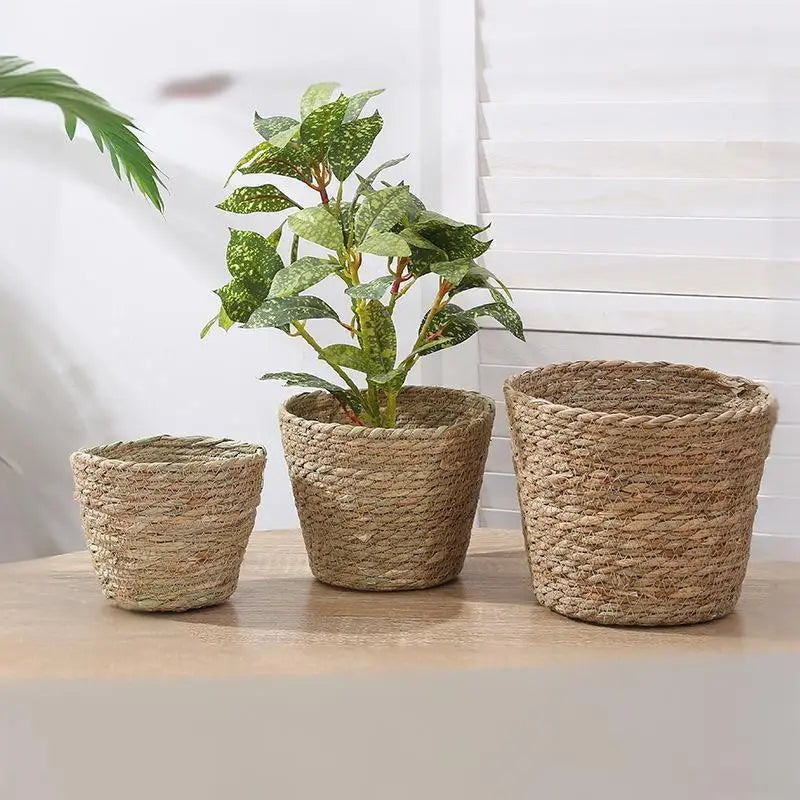 Handwoven Straw Flower Pot Basket with Handles | Eco Planter Woven Planter Basket QXL