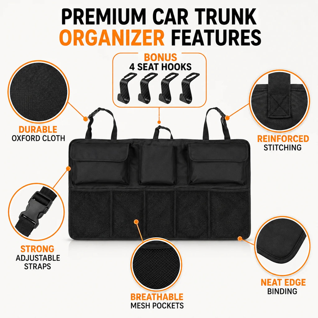 Car Seat Back Organizer – Trunk Bag with Mesh Pockets & Hooks Car Trunk Organizer QXL black