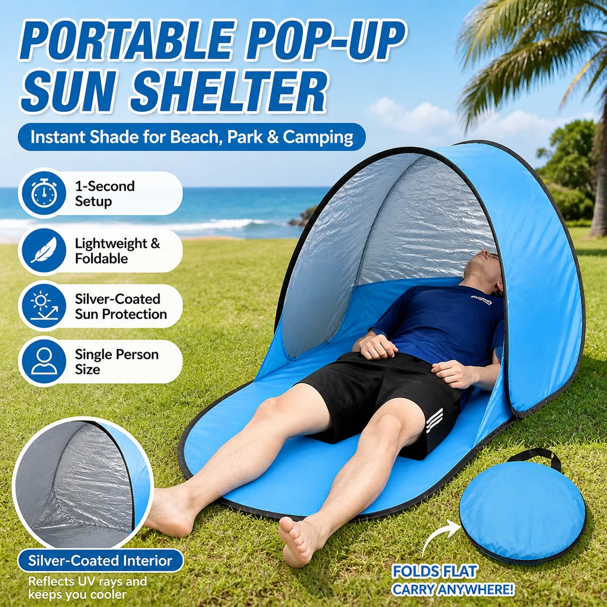 Portable Pop-Up Sun Shelter Tent | Single Person Beach Canopy Pop-Up Sun Shelter QXL