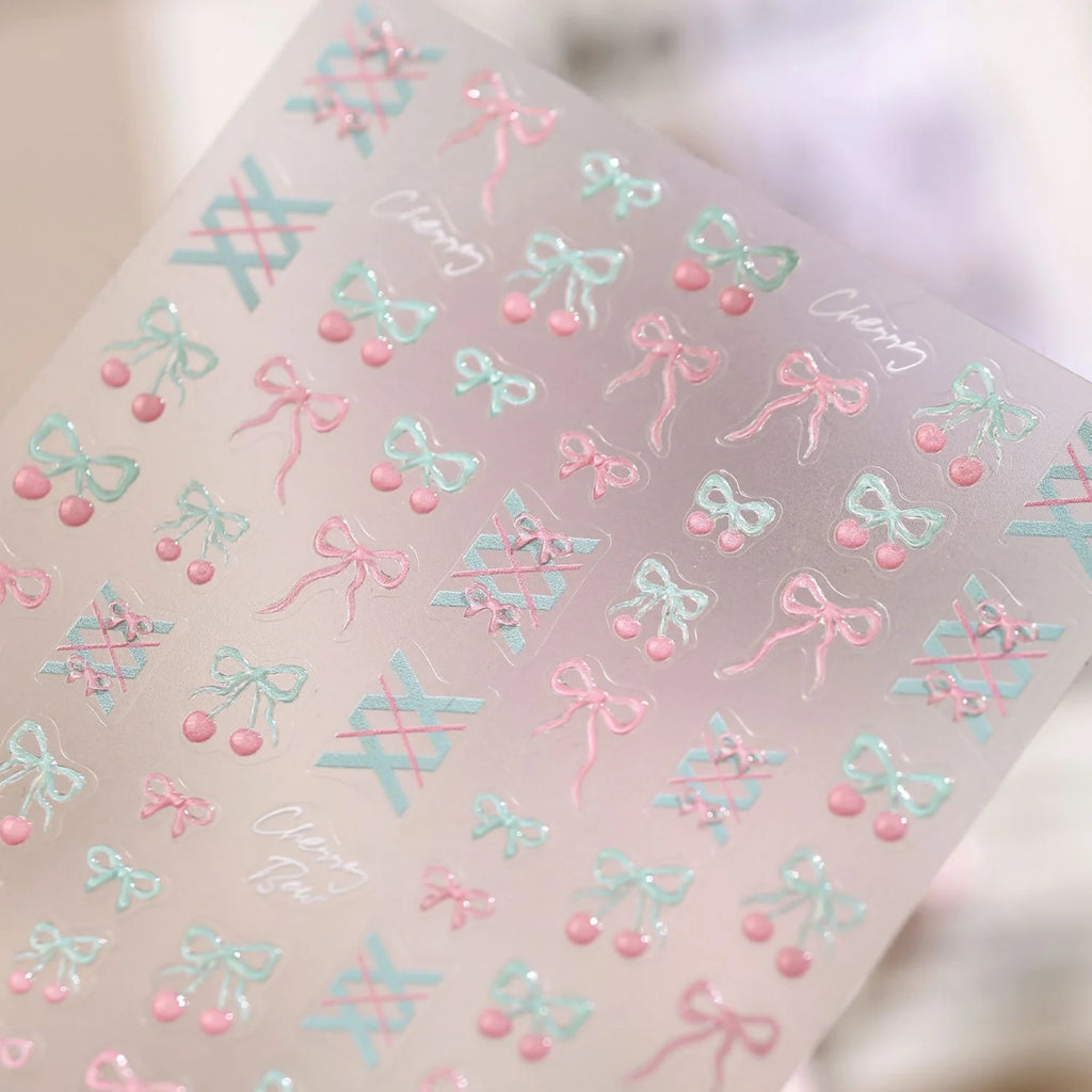 5D Cherry Bow Nail Stickers | Pink Blue Plaid Self-Adhesive Nail Art Stickers QXL