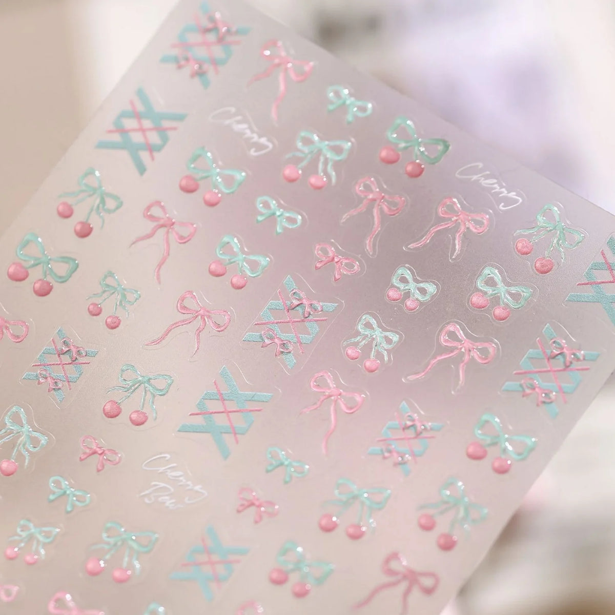 5D Cherry Bow Nail Stickers | Pink Blue Plaid Self-Adhesive Nail Art Stickers QXL