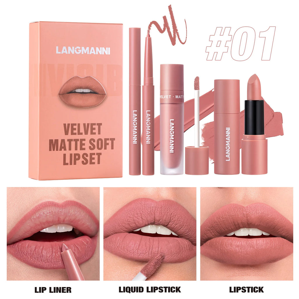 LANGMANNI 3-Pc Waterproof Matte Lip Kit – Liner & Lipstick Set Lip Makeup Kit QXL 01 7.5mlx5gx2g Full Size