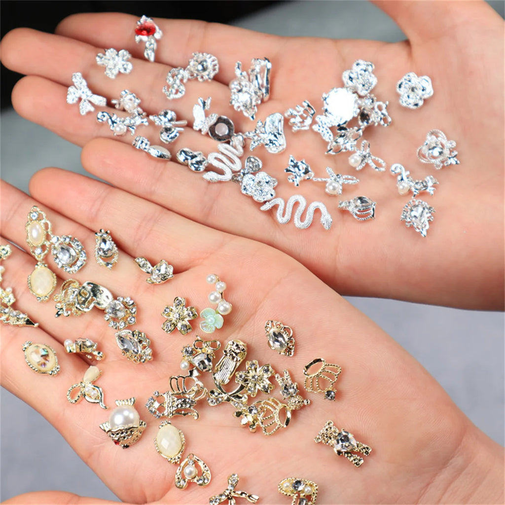 10-Pack 3D Zircon Nail Charms | Mixed Gold Silver Alloy DIY Nail Art Charms QXL