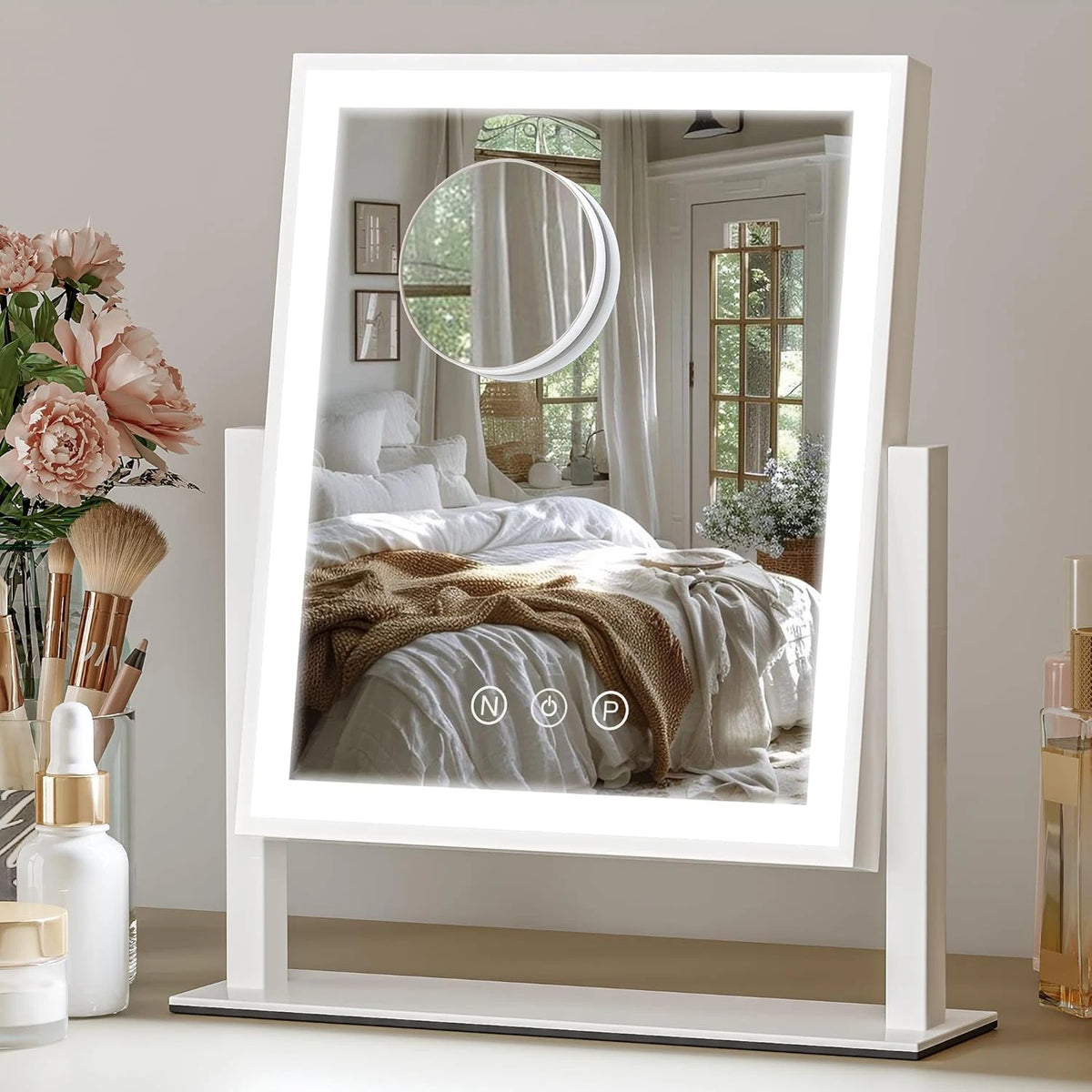 Hollywood Vanity Mirror – 10X Magnifier & 3-Color Dimmable Light Lighted Makeup Mirror QXL White with 10X