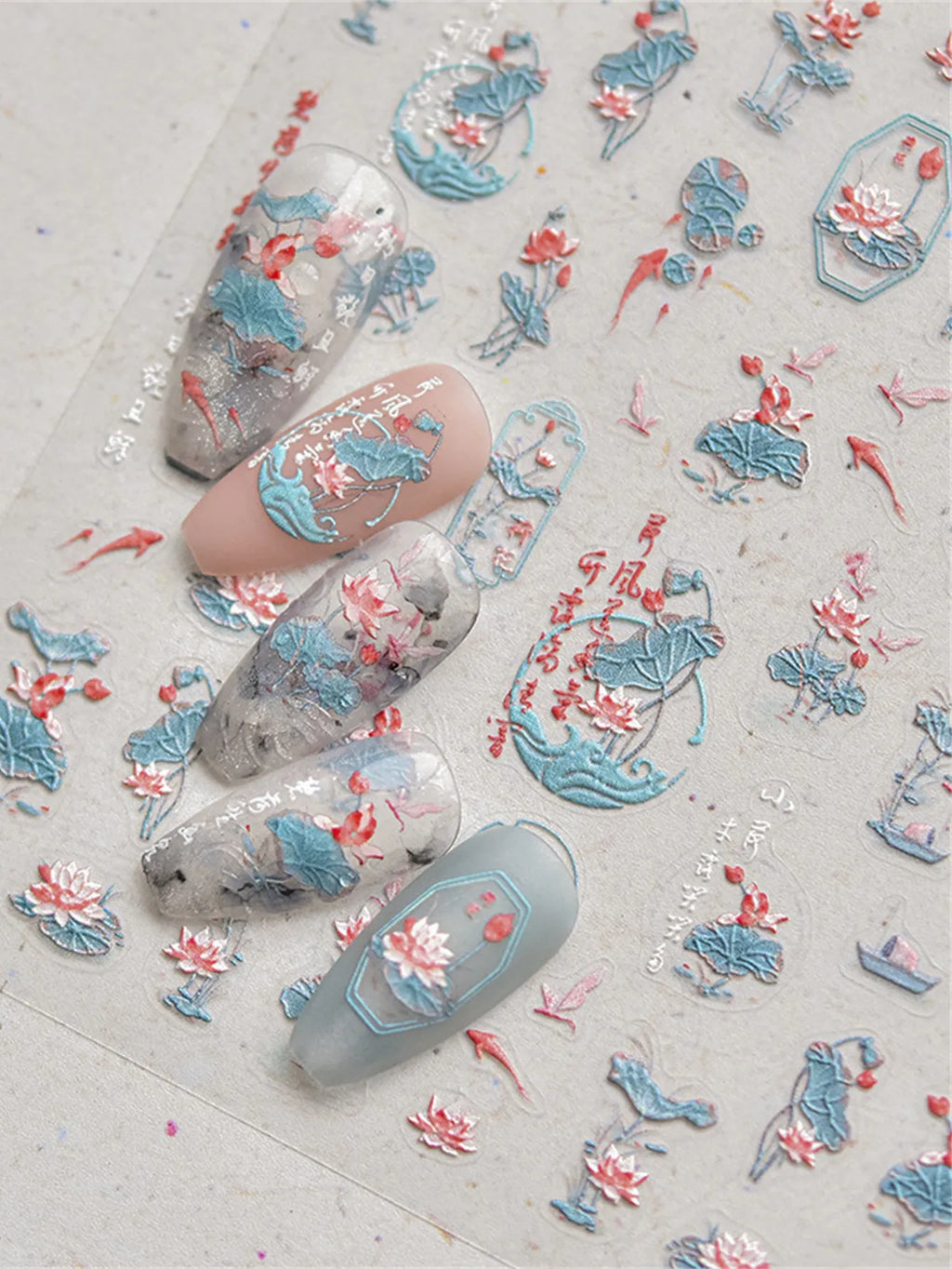 5D Lotus Koi Nail Art Stickers | Chinese Style Nail Decals Nail Art Stickers QXL