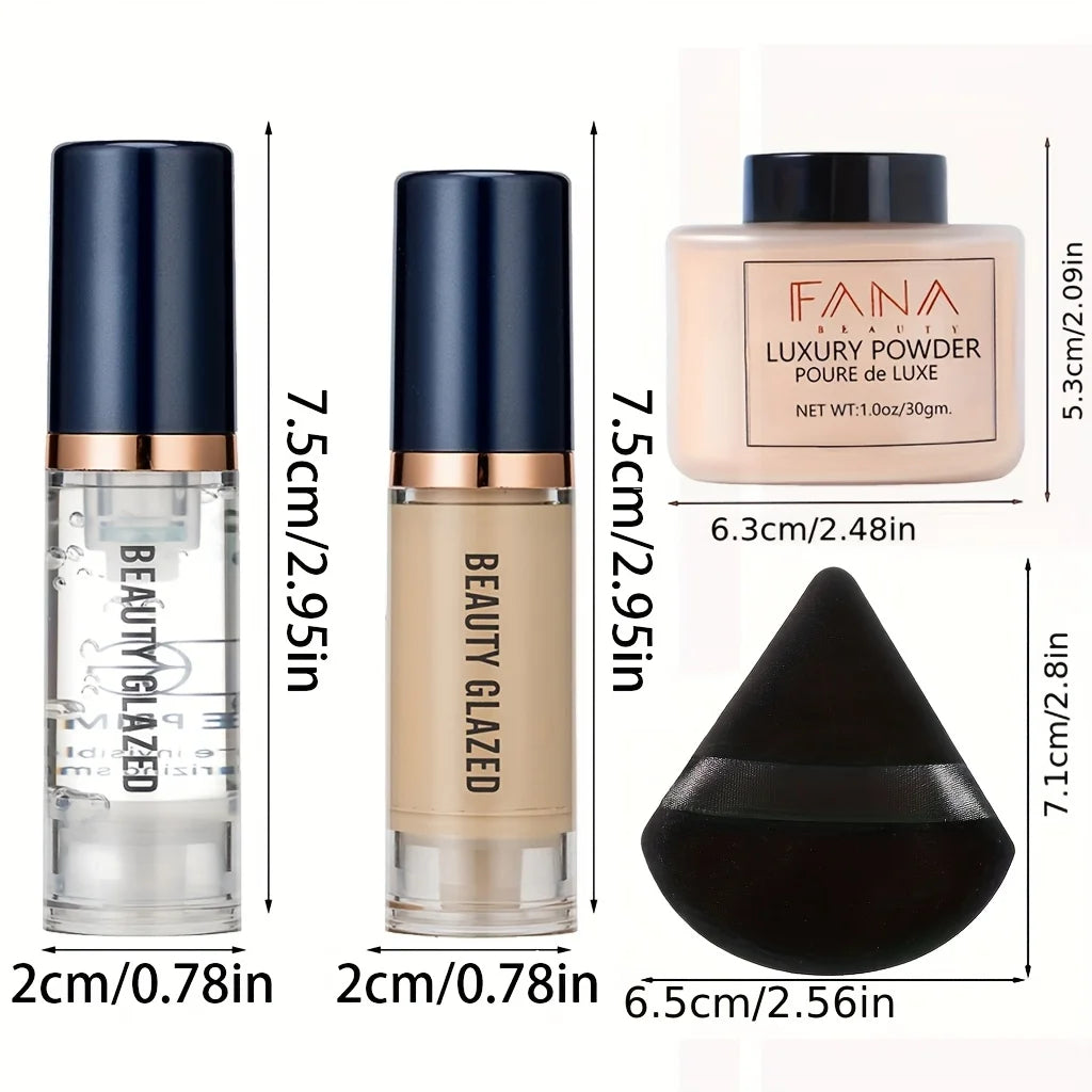 4-Piece Travel Makeup Set | Foundation, Primer, Powder & Sponge Makeup Combo Set QXL
