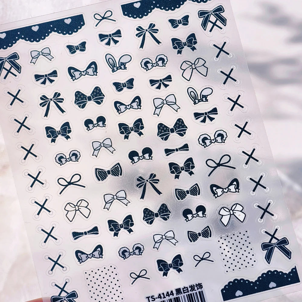 Kawaii Bowknot 5D Nail Art Stickers | Black & White Ribbon Decals Nail Art Stickers QXL TS4144