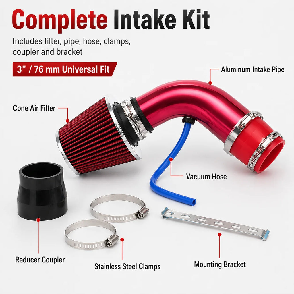 3" 76mm Universal Cold Air Intake Kit | High-Flow Cone Filter Cold Air Intake Kit QXL