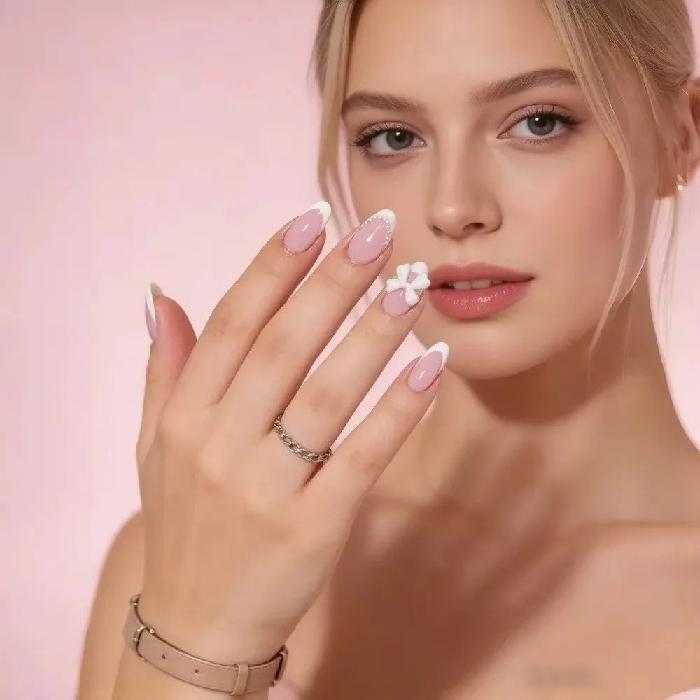 Almond Press-On Nails Bow Charms | Glossy Y2K Full Cover Set Press-On False Nails QXL
