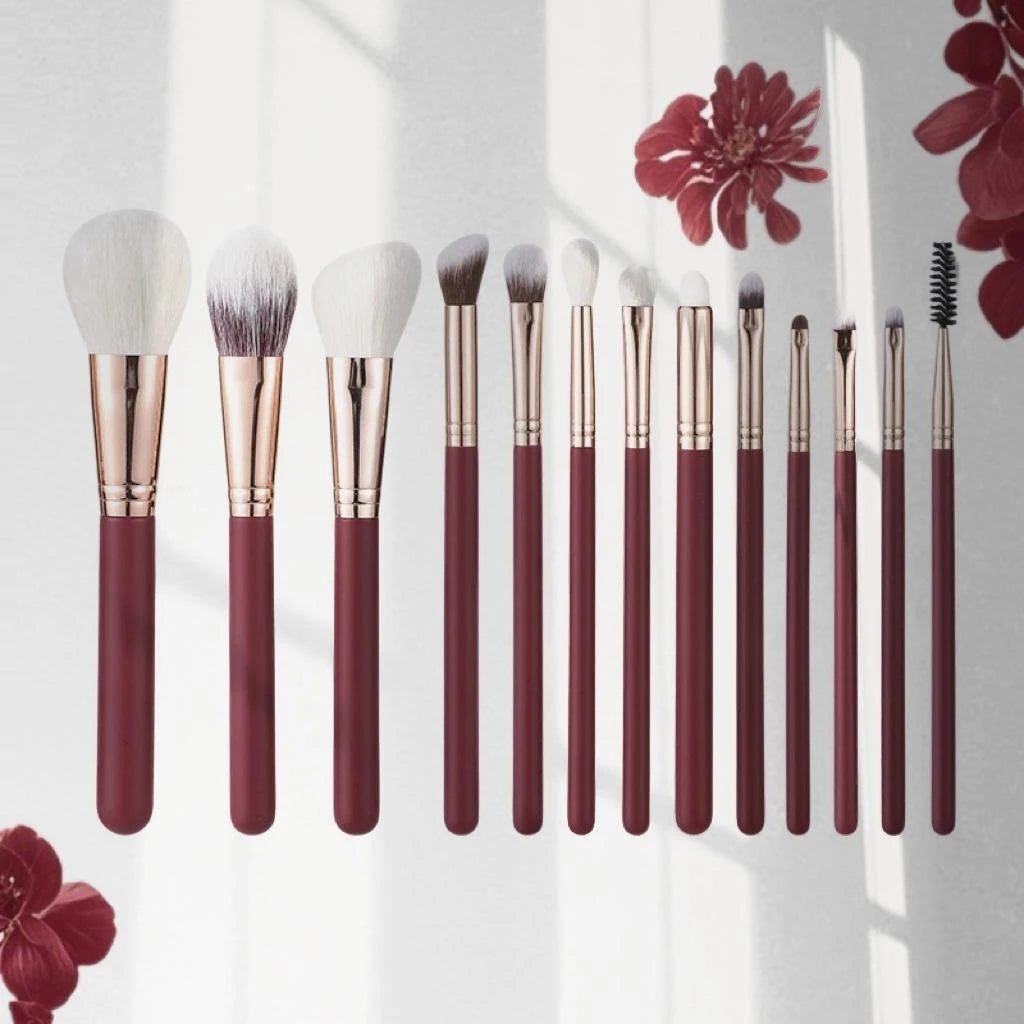 13-Pc Goat Hair Makeup Brush Set | Burgundy Wood Handle Makeup Brush Set QXL