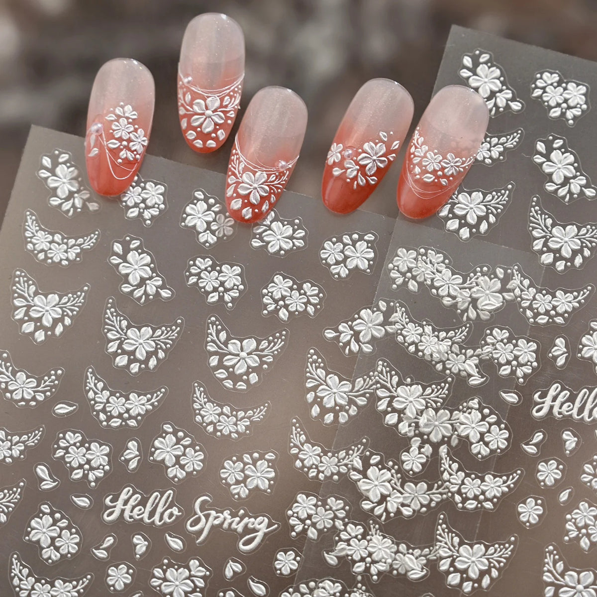 5D White Floral Nail Stickers | Self-Adhesive Spring Decals Nail Art Stickers QXL