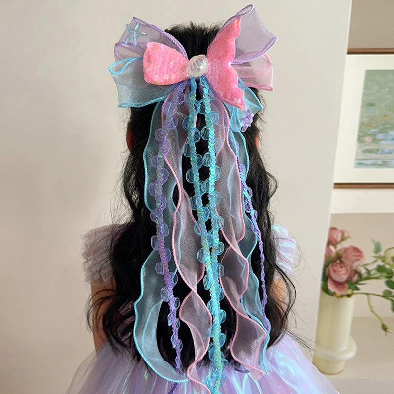 Mermaid Princess Hair Clip | Girls' Bow Braided Hairpin Hair Clip Accessory QXL