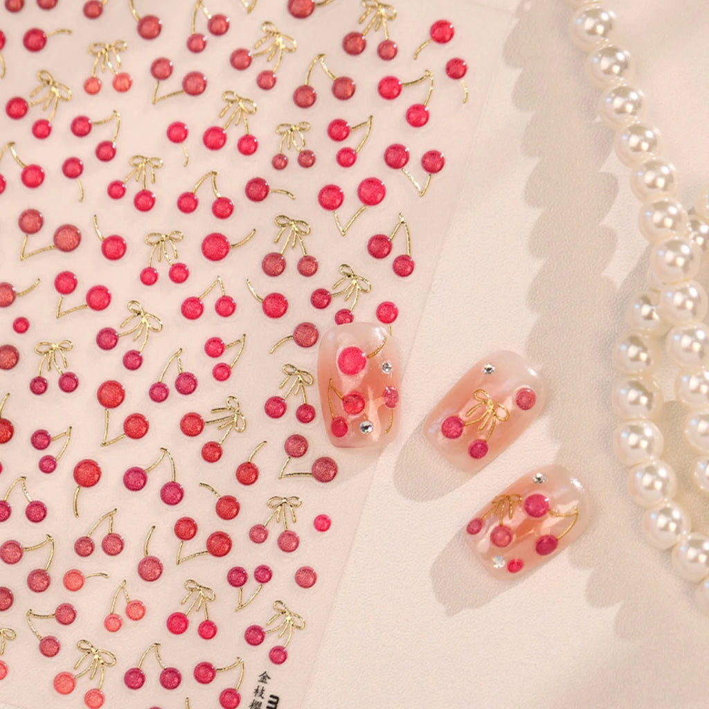 5D Vintage French Nail Stickers | Gold Cherry Bow Decals Nail Art Stickers QXL