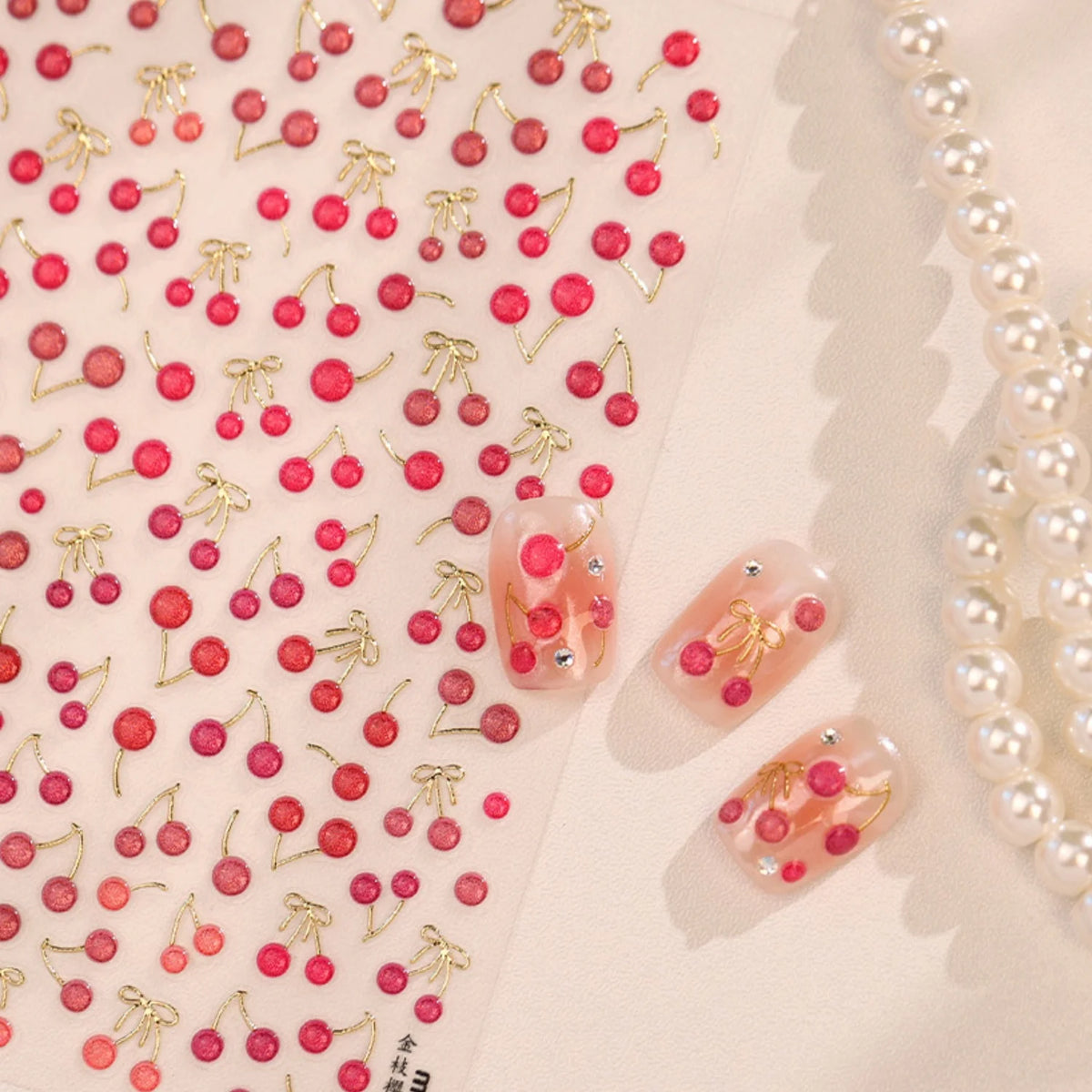 5D Vintage French Nail Stickers | Gold Cherry Bow Decals Nail Art Stickers QXL