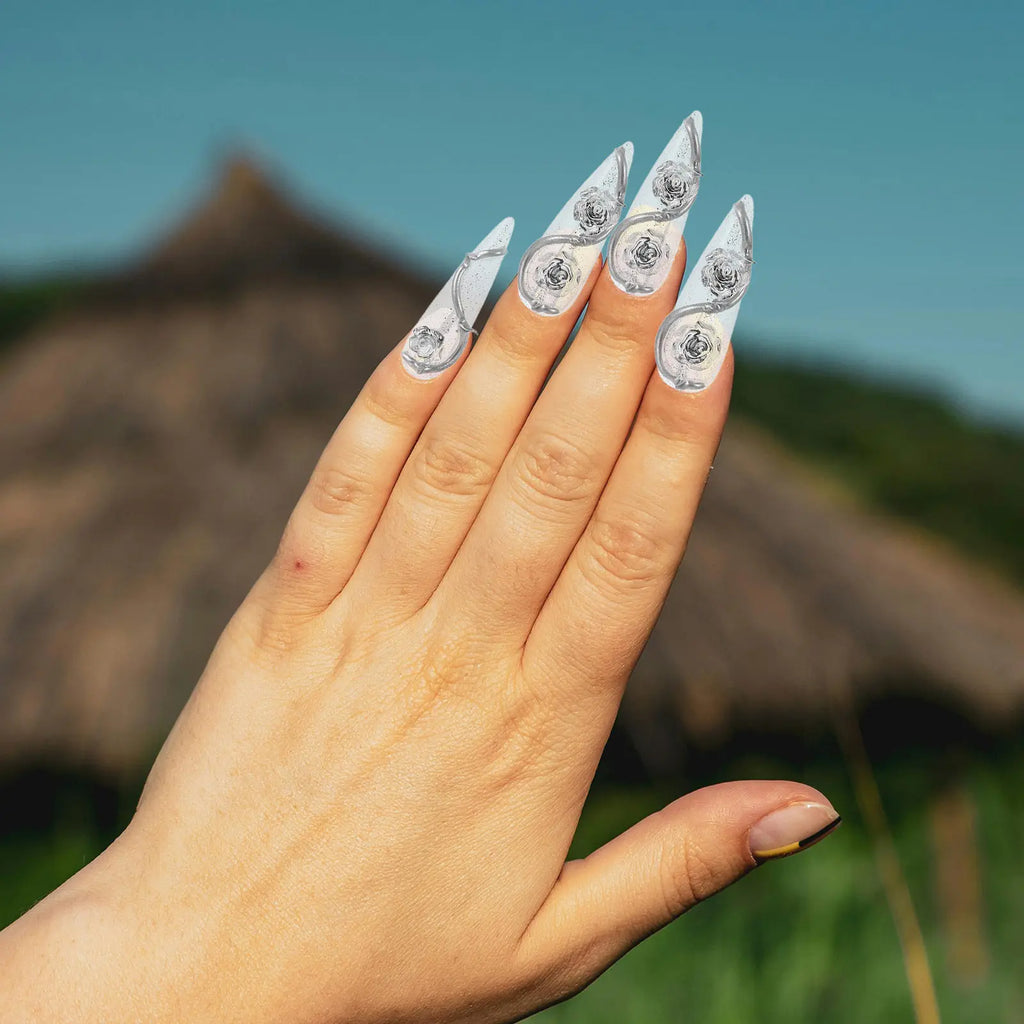 Metal Rose Teardrop Press-On Nails | Clear Reusable Tips Press-On Nail Tips QXL