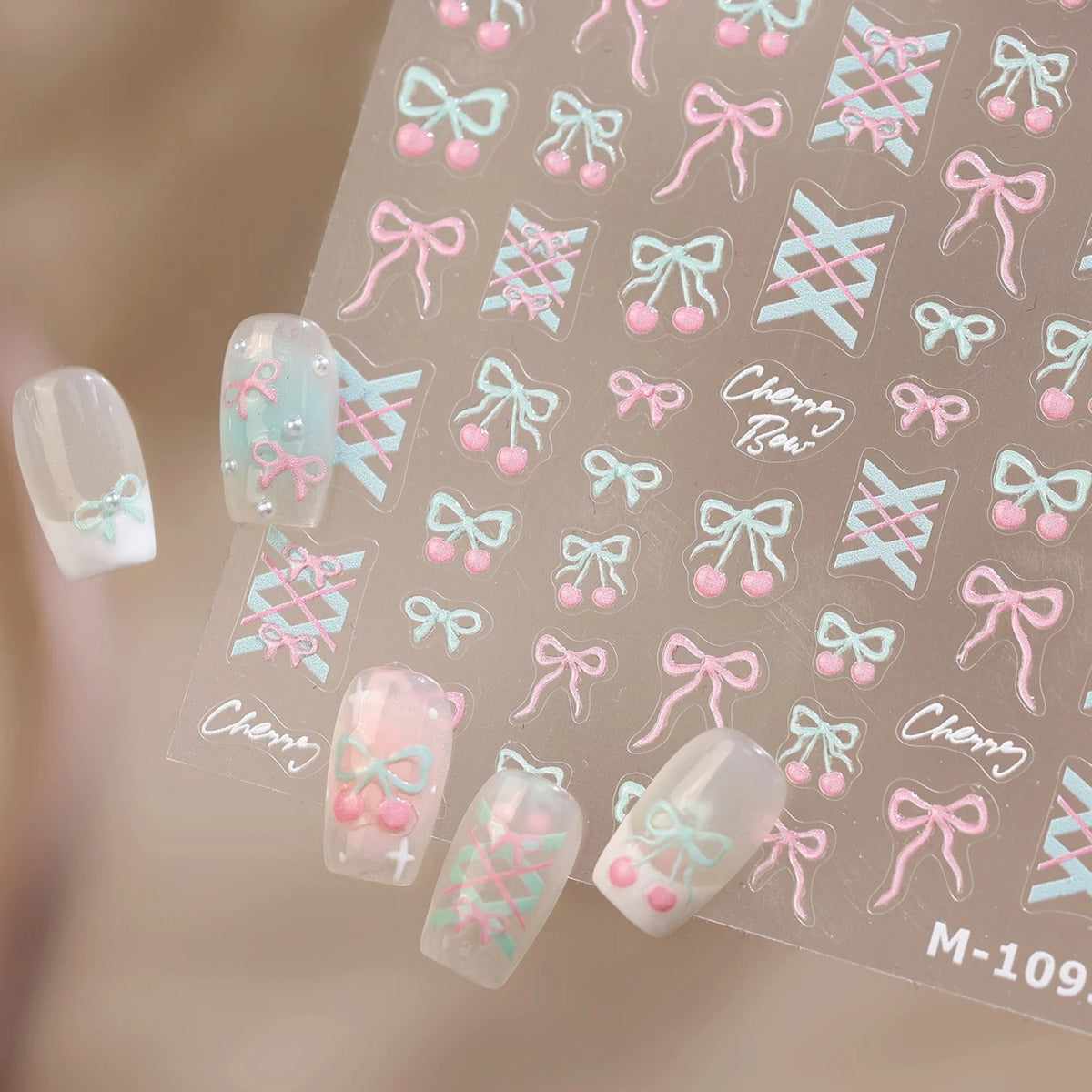 5D Cherry Bow Nail Stickers | Pink Blue Plaid Self-Adhesive Nail Art Stickers QXL