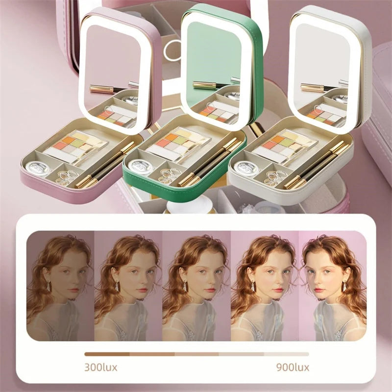 Portable Makeup Storage Box with LED Mirror | 3 Light Modes Makeup Storage Case QXL