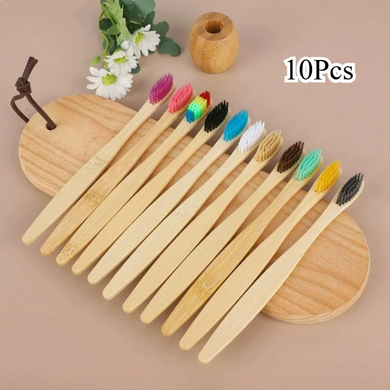 10-Pack Natural Bamboo Toothbrush Set | Eco Soft Bristles Bamboo Toothbrush Set QXL