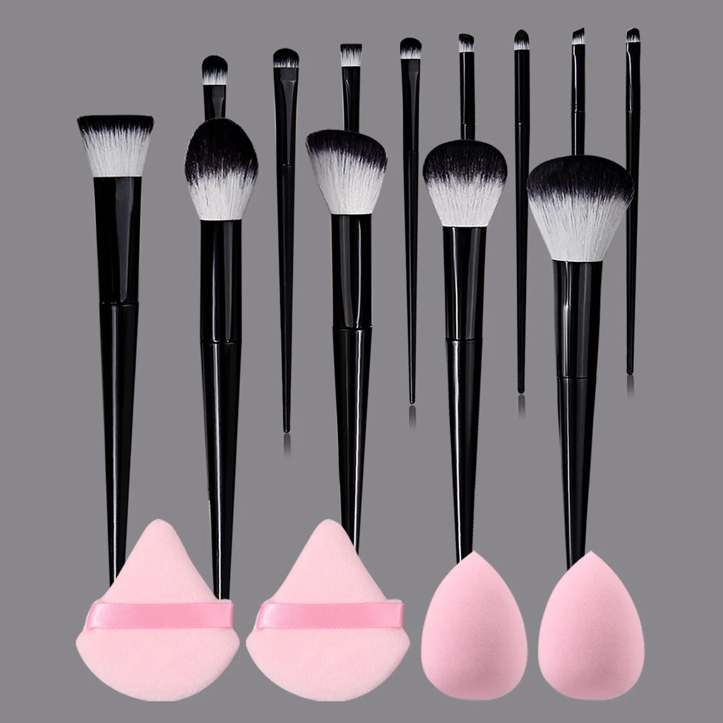 KOSSHOW 13-Pc Makeup Brush Set with Puffs & Sponges Makeup Brush Set QXL black
